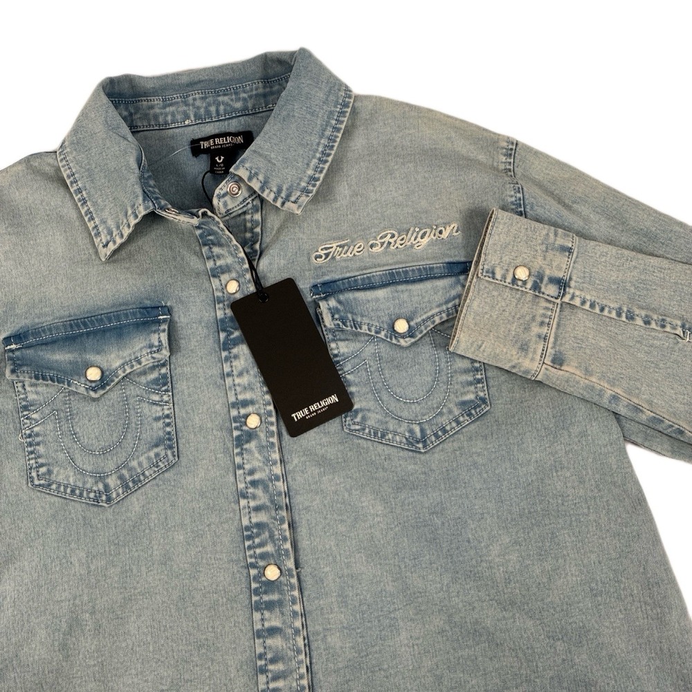 New True Religion Women's Logo Georgia LS Denim Pearl Snap Shirt Size Large NWT